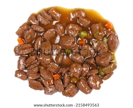 Wet complete food for adult dog with meat and vegetables isolated on white, top view Royalty-Free Stock Photo #2158493563