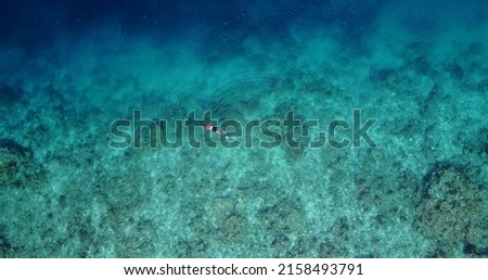 An aerial view of a person diving in the reef of Rasdhoo Island in the Maldives