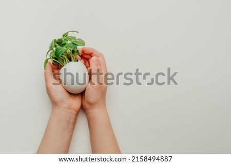 Kids hands holding eggshell with cucumber sprouts on the grey background with blank space for text. Creative fun DIY idea for festive Easter decoration. Top view, flat lay.