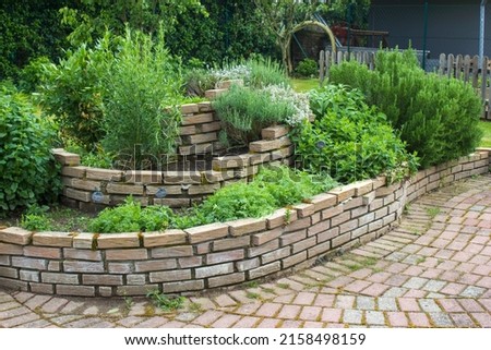 herb spiral in the garden with fresh herbs Royalty-Free Stock Photo #2158498159