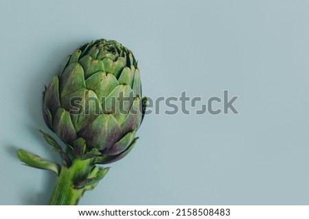 Fresh Artichoke on a grey background. Flat lay. Place for text.