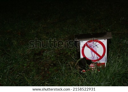 A "no dogs allowed" sign planted in grass at night
