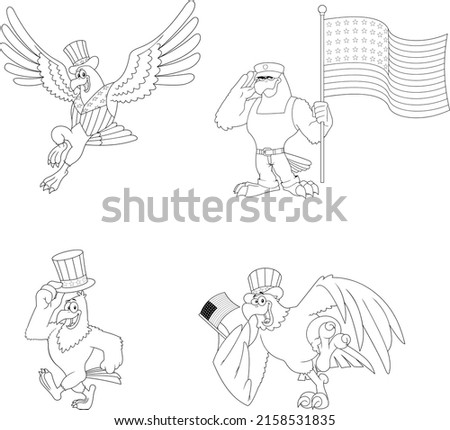 Outlined Patriotic Eagle Cartoon Characters. Vector Collection Set Isolated On White Background