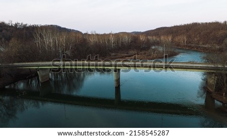 A bird's eye view of The Great Allegheny Passage and surroundings in Sutersville, Pennsylvania Royalty-Free Stock Photo #2158545287