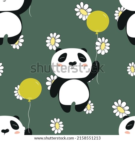 Seamless pattern with cute panda baby on color floral background. Funny asian animals. Card, postcards for kids. Flat vector illustration for fabric, textile, wallpaper, poster, gift wrapping paper.