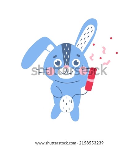Christmas cute rabbit with new year cracker. Winter symbol of 2023 year. New year mascot. vetor flat animal character, isolated on white background.