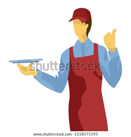 Vector illustration of isolated young waiter holding silver and demonstrating sign OK