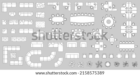 Furniture elements top view for plan of office, house, apartment, workspace. Vector set of objects. Collection of Interior icon. Kit with Table, chair, sofa, plant. Symbol for interior design, project Royalty-Free Stock Photo #2158575389