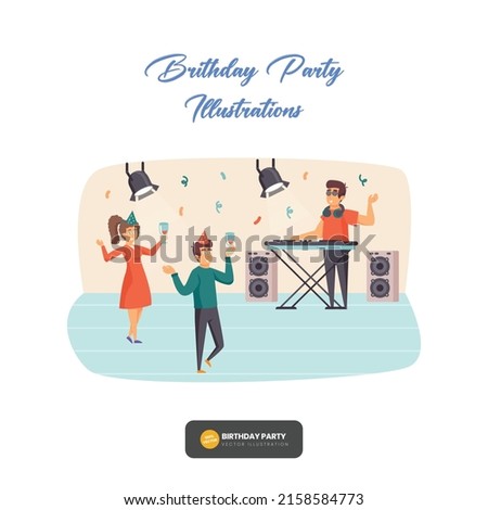 Set of happy cartoon people having fun at birthday party vector flat illustration. Concept of friends characters celebrating holiday isolated on white background and vector design