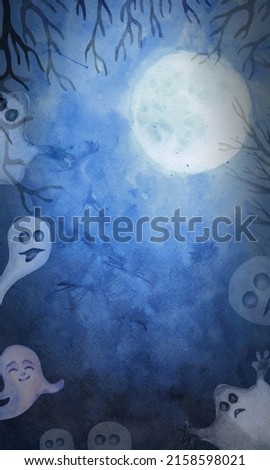 Happy Halloween dark Watercolor Background with fool moon, trees and ghosts