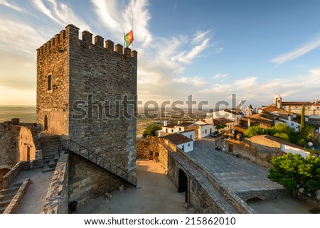 The medieval village of Monsaraz is a tourist attraction in the Alentejo, Portugal. From the walls of his castle we can contemplate an amazing panoramic view of the plains and the Alqueva Lake. Royalty-Free Stock Photo #215862010