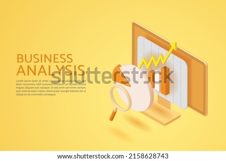 Financial data analysis and business growth with pie chart and bar graph on computer screen with magnifying glass on yellow background.. 3D isometric vector illustration Royalty-Free Stock Photo #2158628743