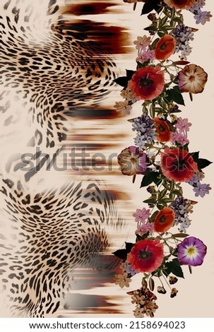 Leopard skin with floral pattern texture; Print for cloth design, textile, fabric.
