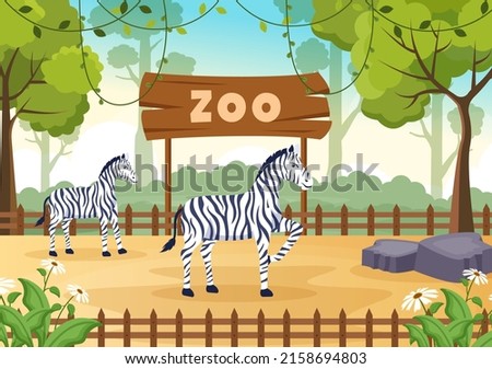 Zoo Cartoon Illustration with Safari Animals Zebra, Cage and Visitors on Territory on Forest Background Design Royalty-Free Stock Photo #2158694803