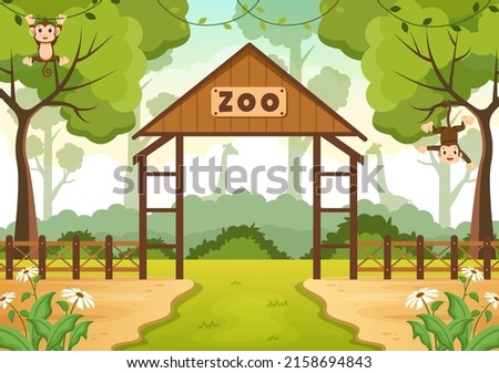 Zoo Cartoon Illustration with Safari Animals Monkey, Cage and Visitors on Territory on Forest Background Design Royalty-Free Stock Photo #2158694843