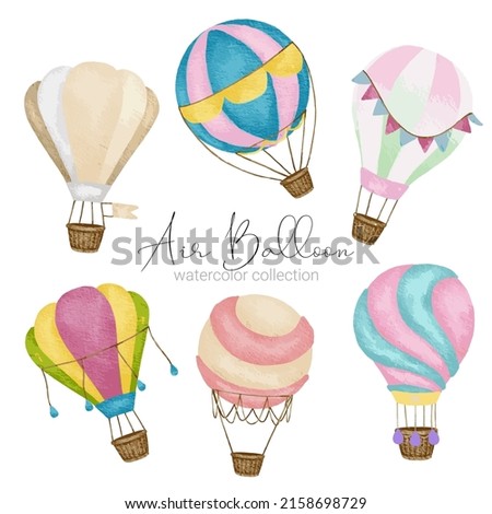 Hot air balloon designs in various watercolor styles for graphic designers to use for web sites, invitation cards, weddings, congratulations, birthdays, celebrations, fabric printing and publications