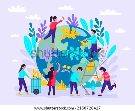 Illustration of people helping to plant trees Let the world grow to protect the environment, prevent pollution, make it green. clean the ecosystem The world is a better place Royalty-Free Stock Photo #2158720427