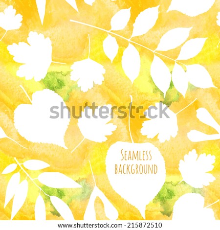 Watercolor seamless vector pattern. White silhouettes of different leaves on bright watercolor autumn background. 