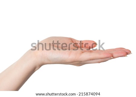 Female hand giving or wanting gesture isolated on white background