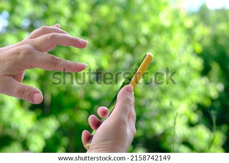 close-up of female hand hold smartphone with blank screen mobile in gargen, beautiful blurred natural background with green foliage, time to chat with friends, apps in gadgets, technology in everyday