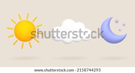 3d cartoon weather icons set. Sun, moon, stars, clouds. Vector illustration.