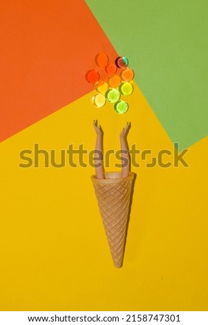 cone ice cream with hands throwing 3d glass abstract colorful ball into the air, creative summer design, summer party time, colorful background