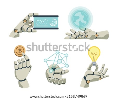 Flat style futuristic robot hands set illustration Royalty-Free Stock Photo #2158749869