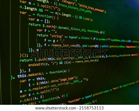 Letters, chars, and digits. Abstract computer script about big data and blockchain database. Web abstract programming and created virus on laptop screen. Modern web development background. Modern tech