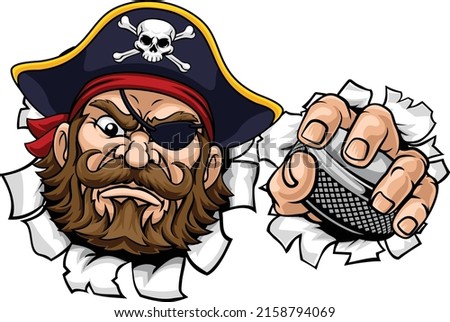 A pirate hockey sports mascot cartoon character holding a puck 