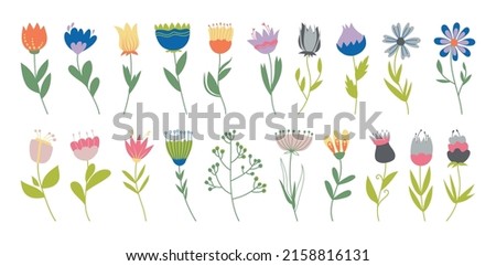 Floral set of decorative elements for design and decor. Springtime vector hand drawn flowers in retro vintage colors. Set of summer and spring blossom flat folk flowers, isolated on white background