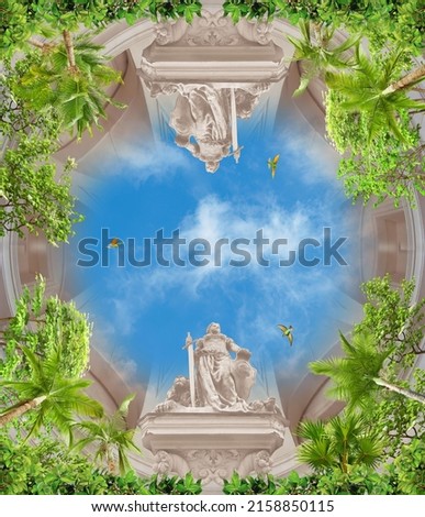 green branches and decorative elements against the blue sky. 3d ceiling. art ceiling.  collage. Royalty-Free Stock Photo #2158850115