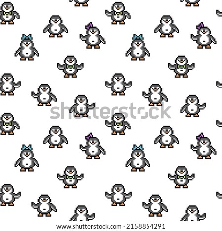 Many little pixel art penguin kids having fun, white background. Cute  animal character print. Old school retro 80s, 90s 8 bit slot machine, computer, video game graphics. Cartoon seamless pattern.