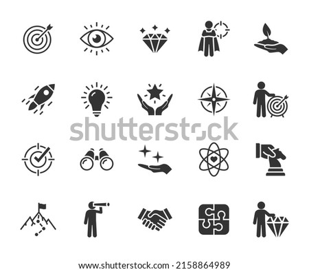 Vector set of mission, vision and values flat icons. Business concepts. Pixel perfect. Royalty-Free Stock Photo #2158864989