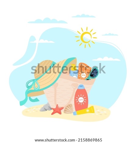 Female bag with beach accessories sun cream, sunglasses, hat. Set of summer design elements. Sunburn concept. Vector illustration. Royalty-Free Stock Photo #2158869865