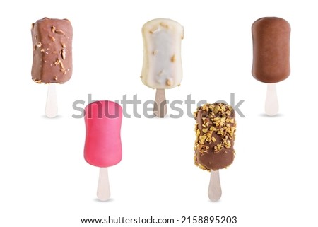 Set of vanilla ice cream with color glaze on a stick on a white isolated background. toning. selective focus