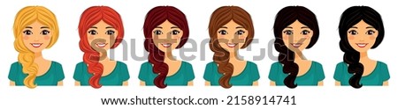 Set. Young woman with different hair. Flat style on a white background. Cartoon.