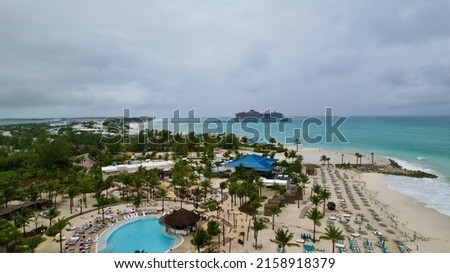 An aerial view of the Bimini beach and resort on a cloudy day in the Bahamas Royalty-Free Stock Photo #2158918379