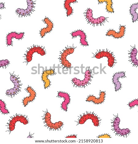 Bright caterpillar drawn by hand on a white background. Insects seamless pattern in retro style.
