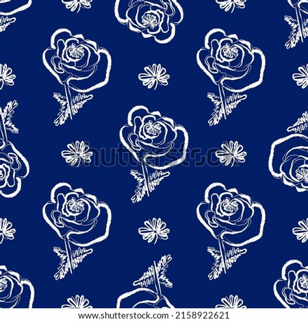 Seamless abstract stylized pattern, white contour poppies on a blue background. Hand drawing. Vector illustration. Elegant modern design for fabrics, wrapping paper, wallpaper and backgrounds