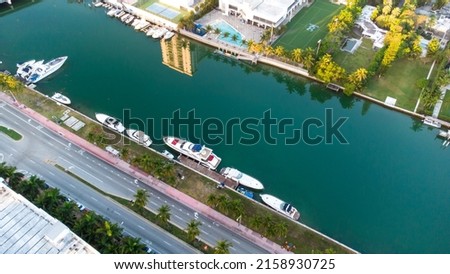 An aerial view of the waterway with berthed boats in Miami at dawn, Florida, USA