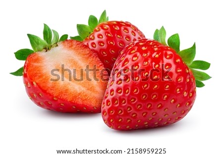 Strawberries isolated. Strawberry whole and a half on white background. Strawberry slice. With clipping path. Full depth of field. Royalty-Free Stock Photo #2158959225