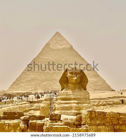 The Great Pyramid of Giza is the largest Egyptian pyramid and tomb of the Fourth Dynasty pharaoh Khufu. Built in the 26th century BC, it is the oldest of the Seven Wonders of the Ancient World. Royalty-Free Stock Photo #2158975689