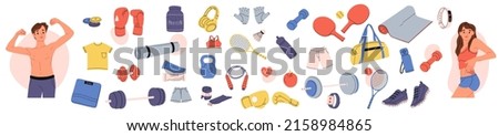 Set of sports equipment. Dumbbell, barbell, clothes. Yoga equipment. Equipment for training in the gym. Workout stuff bundle. Isolated flat vector illustration. Royalty-Free Stock Photo #2158984865