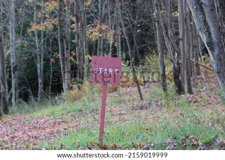 A wooden post in the middle of the woods that has the word START painted on it. The sign is indicating the beginning of something.