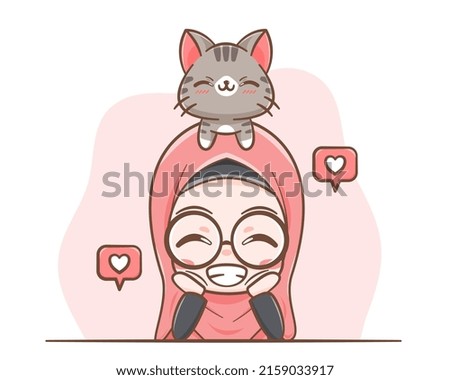 Cute a muslim girl and a cat cartoon illustration