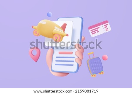 3D mobile phone with ticket for flight airplane, suitcase, tourism and travel planning with flight plane. 3d travel booking and service. 3d icon vector airplane with phone in hand render illustration