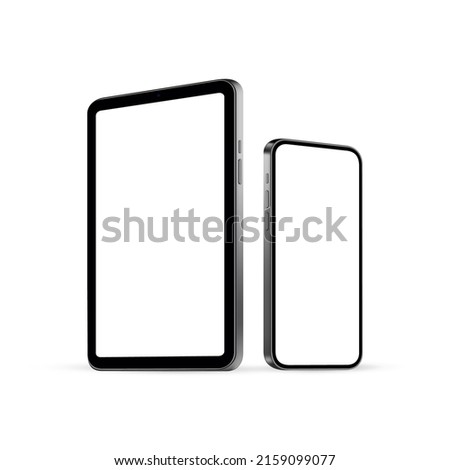 Tablet and Phone Mockup With Blank Screens, Side View, Isolated on White Background. Vector Illustration