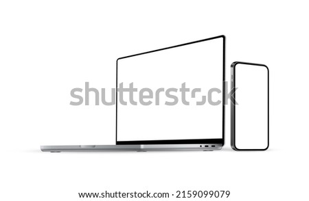 Laptop and Smartphone Mockup With Perspective Side View, Isolated on White Background. Vector illustration