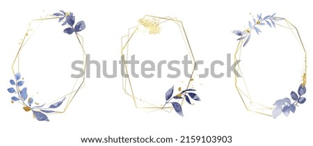 Luxury botanical gold wedding frame elements on white background. Set of polygon, glitters, eucalyptus leaves, blue leaf branches. Elegant foliage design for wedding, card, invitation, greeting.