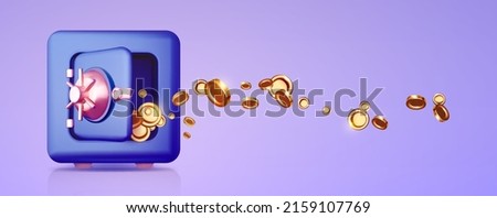 3D open safe box with flying golden coins. Money protection render. Frontal view. Banking safety clip art